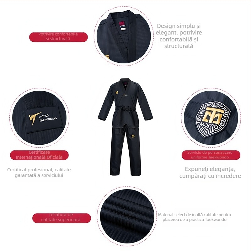 Uniformă Taekwondo pentru copii și adulți, pentru antrenament și competiție, țesătură din amestec de bumbac cu poliester