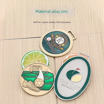 Medalie din aliaj de zinc cu finis aurit; posibilitatea personalizării siglei; premiu comemorativ autorizat.
