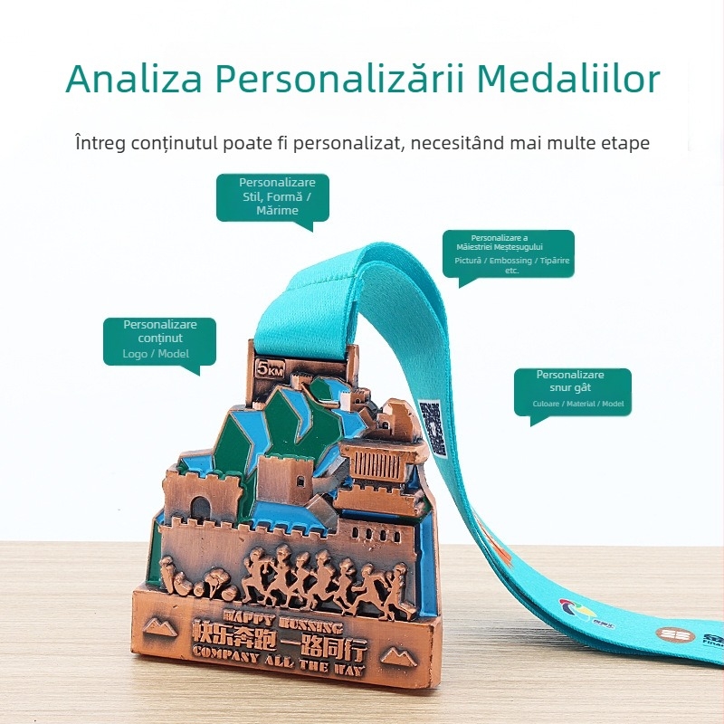 Medalie din aliaj de zinc cu finis aurit; posibilitatea personalizării siglei; premiu comemorativ autorizat.