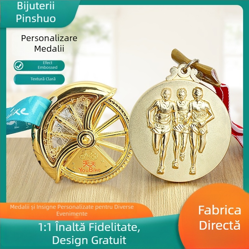 Medalie din aliaj de zinc cu finis aurit; posibilitatea personalizării siglei; premiu comemorativ autorizat.