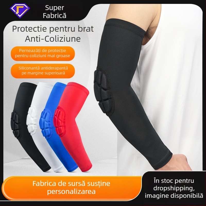 Protecții pentru coate la baschet și alte sporturi – manșete cu model fagure anti-coliziune, bandă silicon antiaderentă, 85% poliester 15% spandex, croi cu patru ace și șase fire