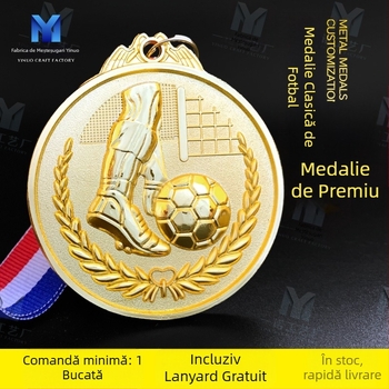 Medalie de fotbal din aliaj de zinc, design personalizat, logo imprimat, greutate netă 60 g, card placat cu aur