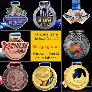 Medalie din aliaj de zinc, personalizabilă cu logo – cu agățare, placare cromată, premiu memorabil pentru evenimente sportive