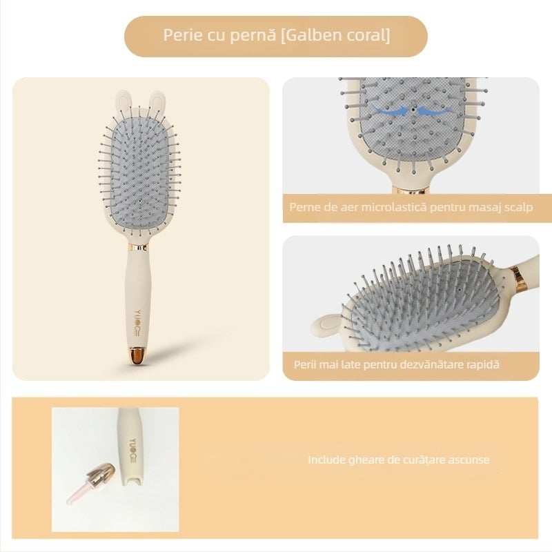 Pieptene feminin cu pernă de aer pentru masajul scalpului, formă rotundă, lamă mare pentru păr lung și creț