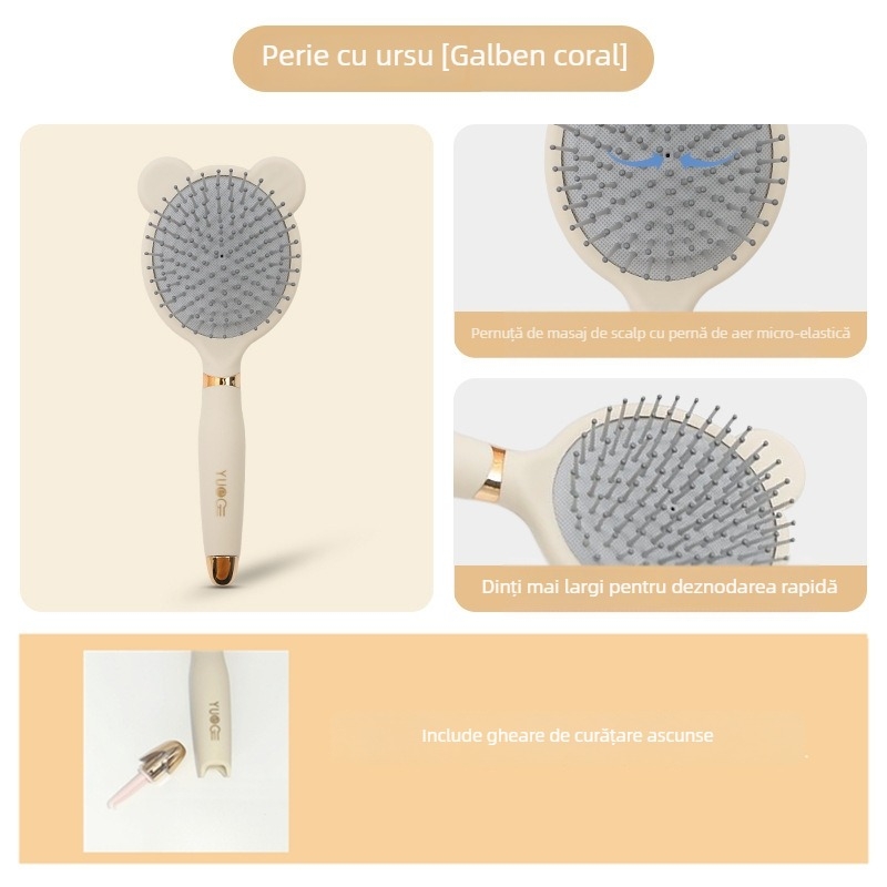 Pieptene feminin cu pernă de aer pentru masajul scalpului, formă rotundă, lamă mare pentru păr lung și creț