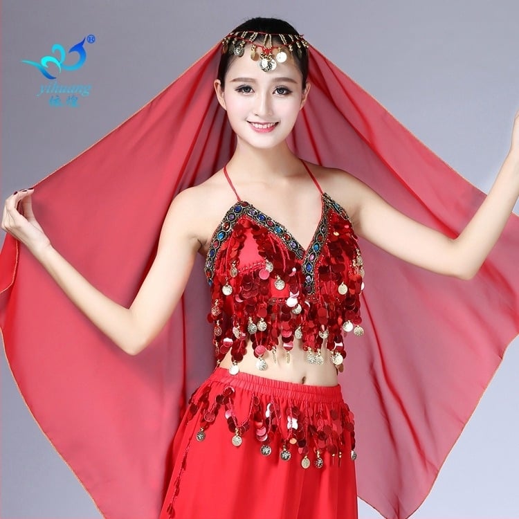 Șal de dans belly dance, din chiffon, cu monede atârnate, poliester 100%, pentru reprezentații pe scenă