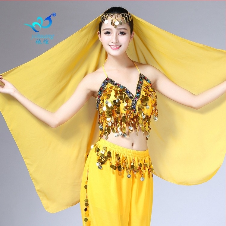 Șal de dans belly dance, din chiffon, cu monede atârnate, poliester 100%, pentru reprezentații pe scenă