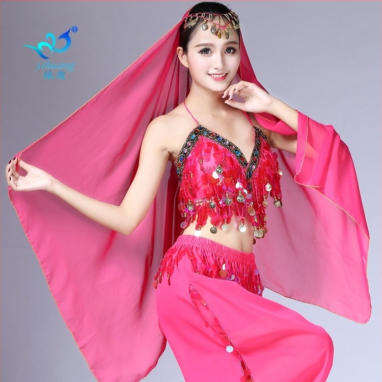 Șal de dans belly dance, din chiffon, cu monede atârnate, poliester 100%, pentru reprezentații pe scenă