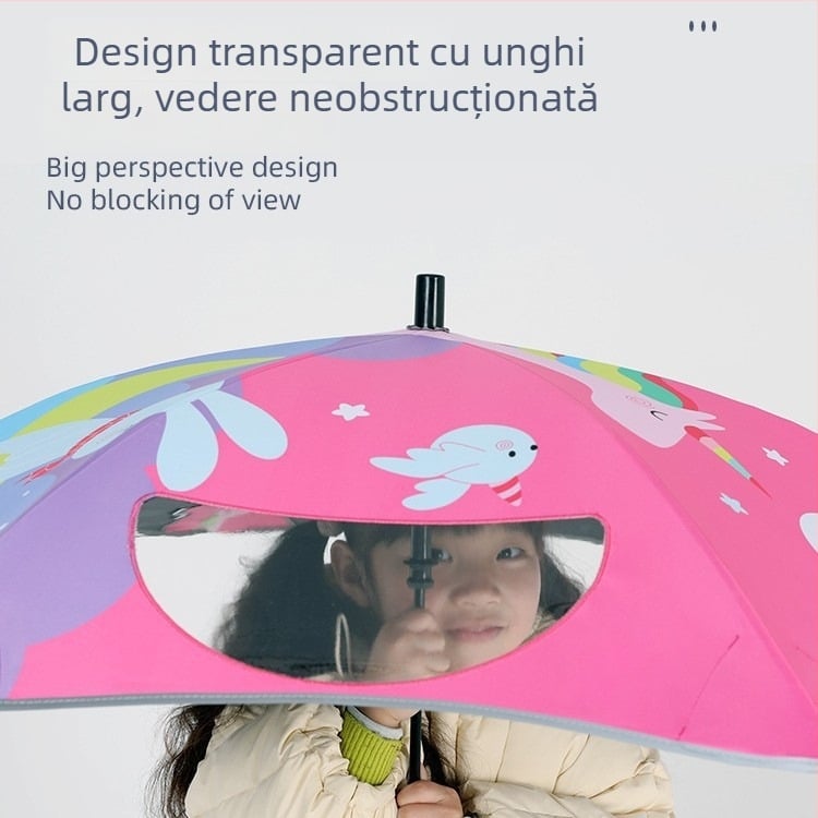 Umbrelă pentru copii pentru soare și ploaie, cu 6 arce din fibră de sticlă, mâner lung, deschidere și închidere manuală, pânză 190T vinil, logo imprimat