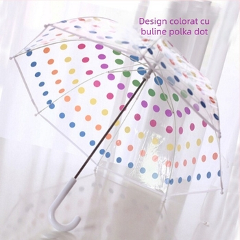 Umbrelă transparentă pentru copii cu mâner lung, cupolă din plastic, 8 nervuri, tijă din oțel