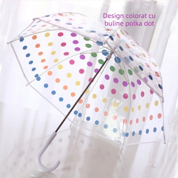 Umbrelă transparentă pentru copii cu mâner lung, cupolă din plastic, 8 nervuri, tijă din oțel