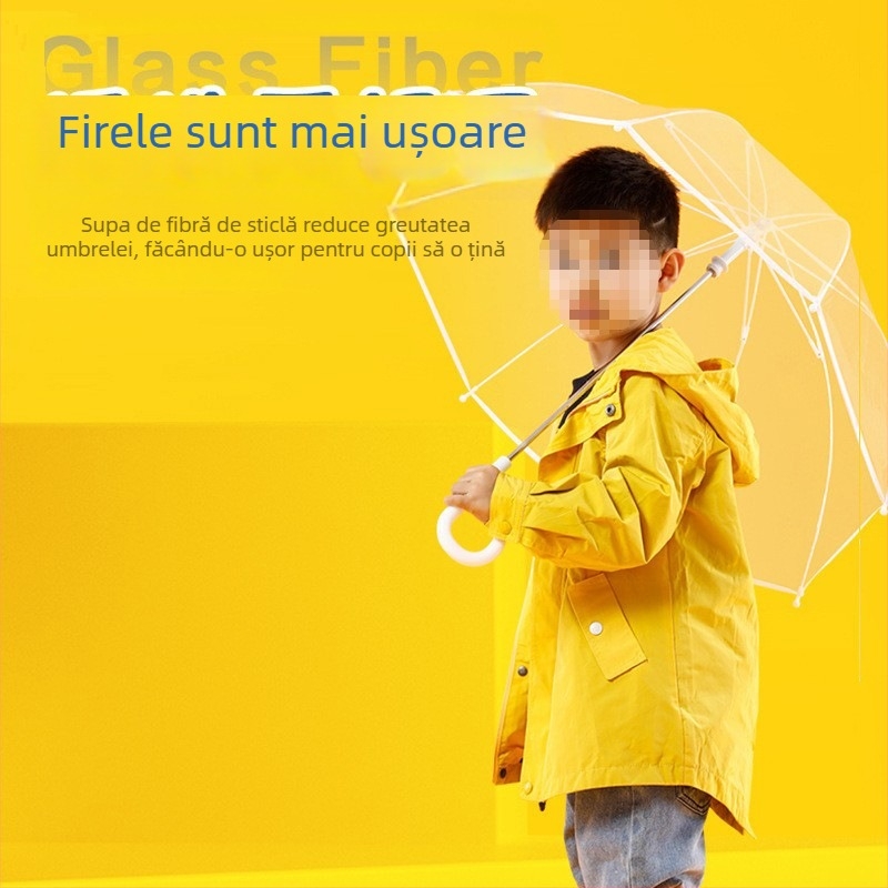 Umbrelă transparentă pentru copii cu mâner lung, cupolă din plastic, 8 nervuri, tijă din oțel