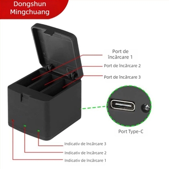 GoPro Hero carcasă de încărcare și stocare a bateriilor, cu 3 canale, model AHDBT-901, interfață Type-C, marcă Neutral