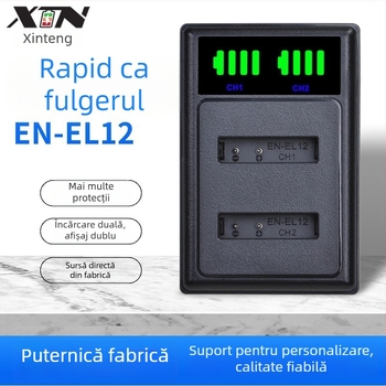 Încărcător pentru bateria Nikon EN-EL12, de la Xintin, interfață Type-C/Micro USB.