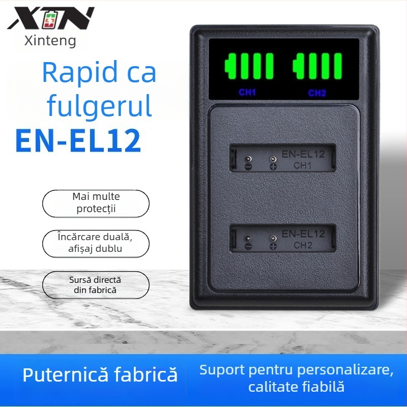 Încărcător pentru bateria Nikon EN-EL12, de la Xintin, interfață Type-C/Micro USB.