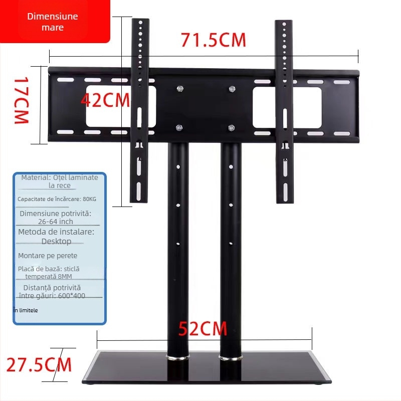 Stand de podea pentru TV/monitor cu bază dublă pe coloană, compatibil cu montaj pe perete, încărcare 15 kg+, control mecanic