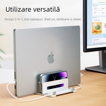 Suport vertical pentru laptop și Mac mini M4 — aliaj de aluminiu; model: suport vertical; compatibilitate generală; lansat în 2024; greutatea variază în funcție de numărul de cleme: unu sau două