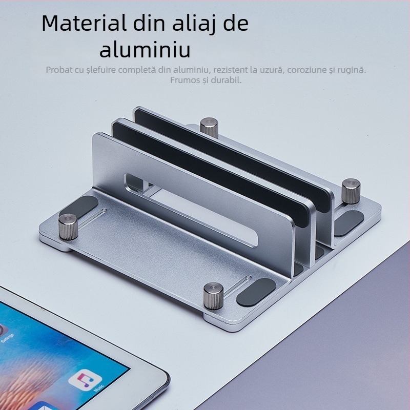 Suport vertical pentru laptop și Mac mini M4 — aliaj de aluminiu; model: suport vertical; compatibilitate generală; lansat în 2024; greutatea variază în funcție de numărul de cleme: unu sau două
