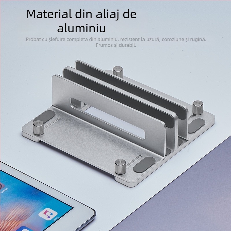Suport vertical pentru laptop și Mac mini M4 — aliaj de aluminiu; model: suport vertical; compatibilitate generală; lansat în 2024; greutatea variază în funcție de numărul de cleme: unu sau două