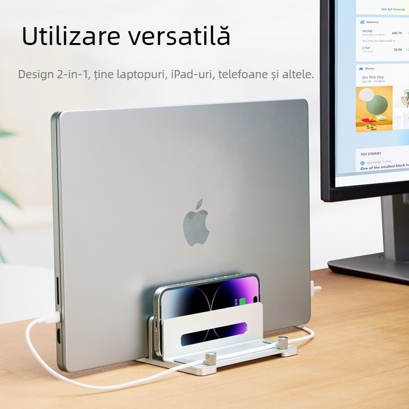 Suport vertical pentru laptop și Mac mini M4 — aliaj de aluminiu; model: suport vertical; compatibilitate generală; lansat în 2024; greutatea variază în funcție de numărul de cleme: unu sau două