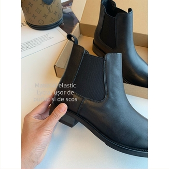 Ghete Chelsea din piele de vită, talpă din cauciuc, gleznă joasă, vârf rotund, Slip-on, toc mediu 3-5 cm