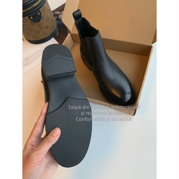 Ghete Chelsea din piele de vită, talpă din cauciuc, gleznă joasă, vârf rotund, Slip-on, toc mediu 3-5 cm