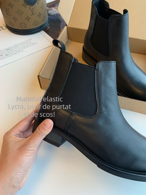 Ghete Chelsea din piele de vită, talpă din cauciuc, gleznă joasă, vârf rotund, Slip-on, toc mediu 3-5 cm