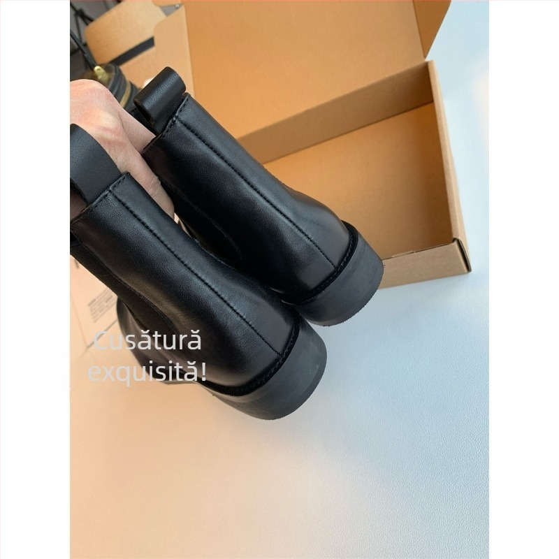 Ghete Chelsea din piele de vită, talpă din cauciuc, gleznă joasă, vârf rotund, Slip-on, toc mediu 3-5 cm