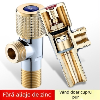 Valvă unghiulară din alamă pentru apă caldă și rece, cu trei căi: intrare 1, ieșire 2, model 6001, presiune de lucru 1.0–10 MPa, diametru interior 10 mm, montaj în perete