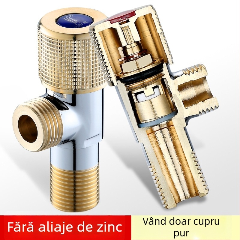 Valvă unghiulară din alamă pentru apă caldă și rece, cu trei căi: intrare 1, ieșire 2, model 6001, presiune de lucru 1.0–10 MPa, diametru interior 10 mm, montaj în perete