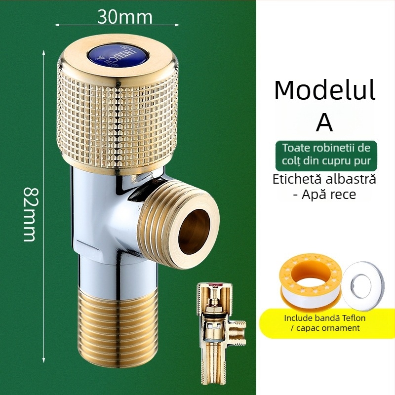Valvă unghiulară din alamă pentru apă caldă și rece, cu trei căi: intrare 1, ieșire 2, model 6001, presiune de lucru 1.0–10 MPa, diametru interior 10 mm, montaj în perete