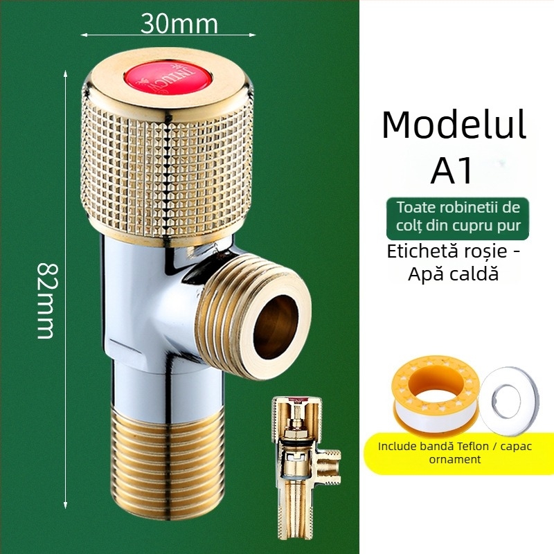 Valvă unghiulară din alamă pentru apă caldă și rece, cu trei căi: intrare 1, ieșire 2, model 6001, presiune de lucru 1.0–10 MPa, diametru interior 10 mm, montaj în perete