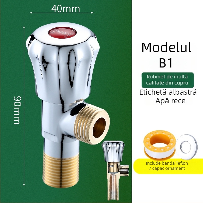 Valvă unghiulară din alamă pentru apă caldă și rece, cu trei căi: intrare 1, ieșire 2, model 6001, presiune de lucru 1.0–10 MPa, diametru interior 10 mm, montaj în perete