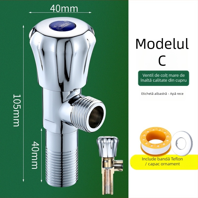 Valvă unghiulară din alamă pentru apă caldă și rece, cu trei căi: intrare 1, ieșire 2, model 6001, presiune de lucru 1.0–10 MPa, diametru interior 10 mm, montaj în perete