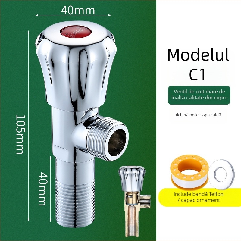 Valvă unghiulară din alamă pentru apă caldă și rece, cu trei căi: intrare 1, ieșire 2, model 6001, presiune de lucru 1.0–10 MPa, diametru interior 10 mm, montaj în perete