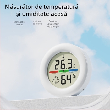 Termohigrometru circular digital, cu suport magnetic, alimentat cu CR2032, pentru monitorizarea mediului de acasă.