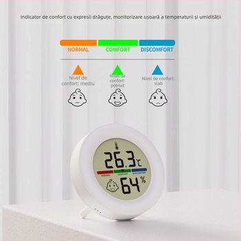 Termohigrometru circular digital, cu suport magnetic, alimentat cu CR2032, pentru monitorizarea mediului de acasă.