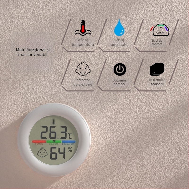 Termohigrometru circular digital, cu suport magnetic, alimentat cu CR2032, pentru monitorizarea mediului de acasă.