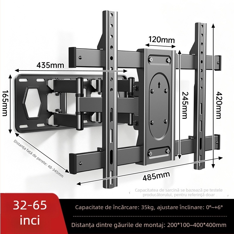 Suport de perete pentru televizor ultra-subțire, telescopic și rotativ, montaj încastrat, compatibil cu televizoare de 65/75/85 inch