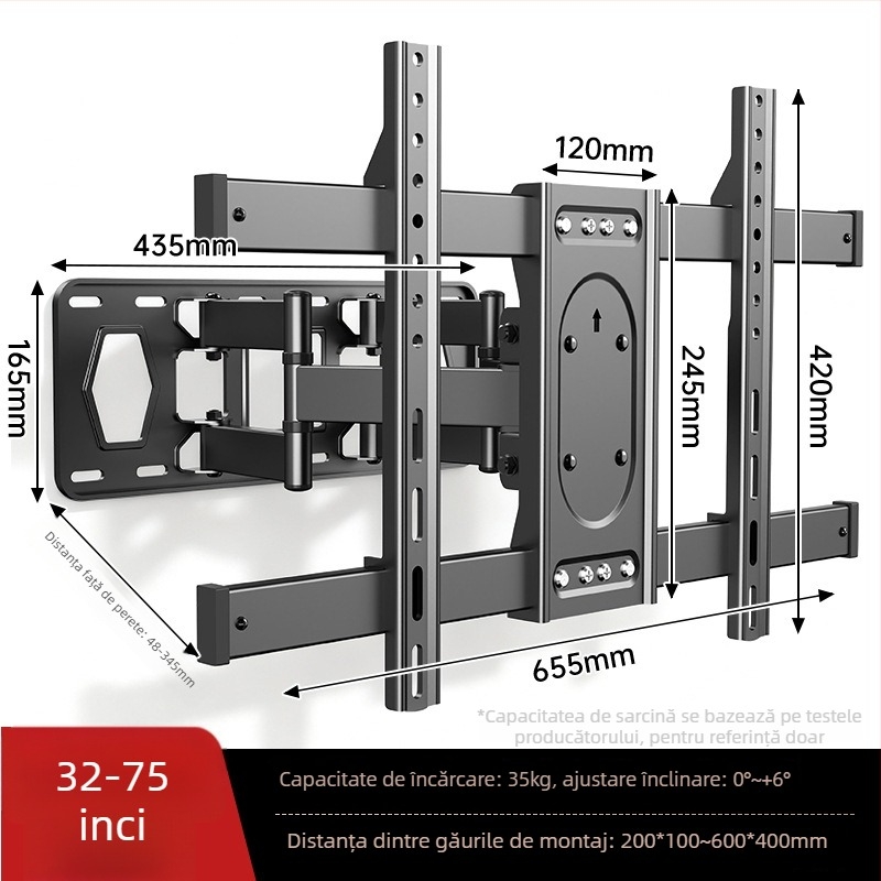 Suport de perete pentru televizor ultra-subțire, telescopic și rotativ, montaj încastrat, compatibil cu televizoare de 65/75/85 inch
