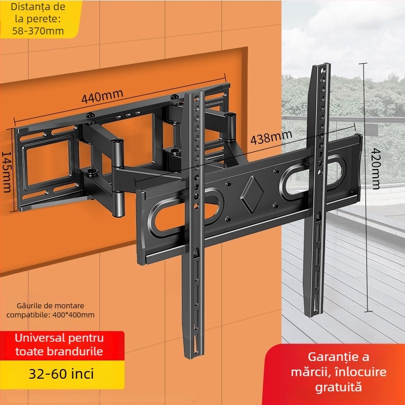 Suport de perete pentru televizor ultra-subțire, telescopic și rotativ, montaj încastrat, compatibil cu televizoare de 65/75/85 inch