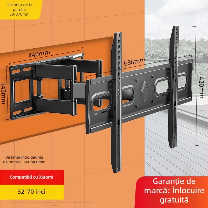 Suport de perete pentru televizor ultra-subțire, telescopic și rotativ, montaj încastrat, compatibil cu televizoare de 65/75/85 inch