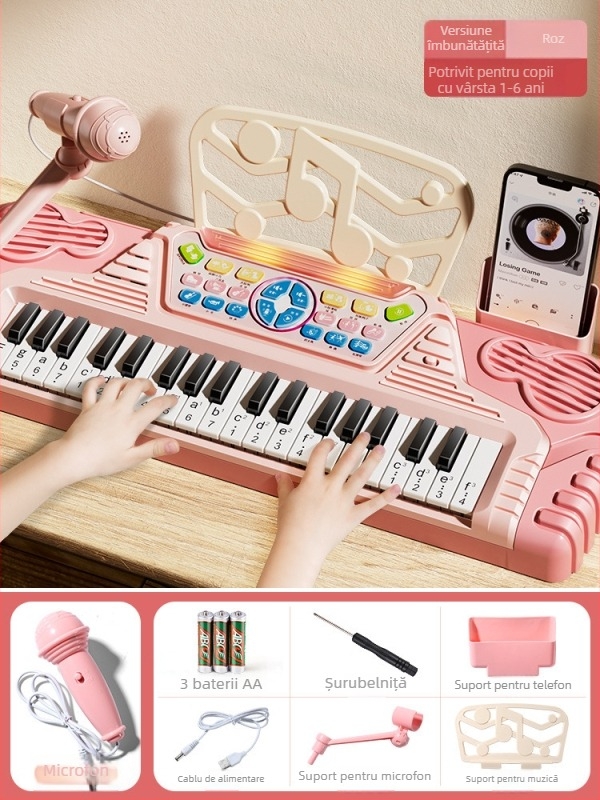 Jucărie electronic organ pentru copii, construcție din plastic, 7–14 ani, susține dezvoltarea vizuală și cognitivă, dezvoltare senzorială și auditivă, comunicare părinte-copil