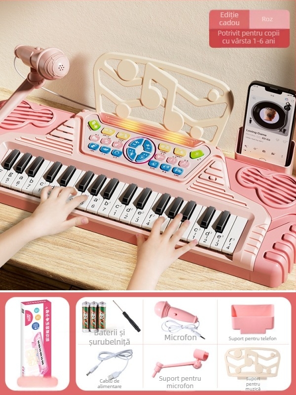 Jucărie electronic organ pentru copii, construcție din plastic, 7–14 ani, susține dezvoltarea vizuală și cognitivă, dezvoltare senzorială și auditivă, comunicare părinte-copil