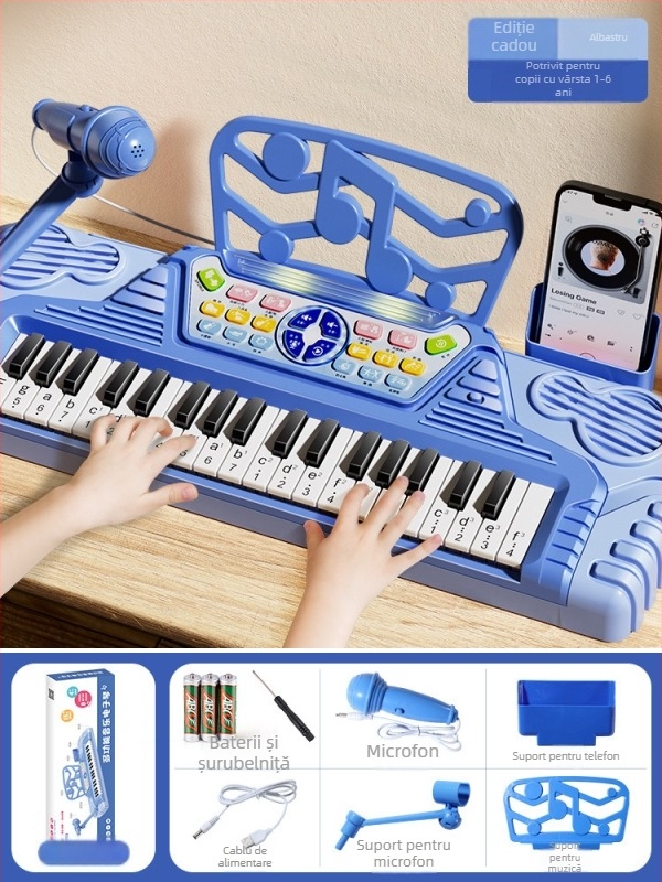 Jucărie electronic organ pentru copii, construcție din plastic, 7–14 ani, susține dezvoltarea vizuală și cognitivă, dezvoltare senzorială și auditivă, comunicare părinte-copil