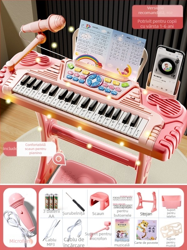 Jucărie electronic organ pentru copii, construcție din plastic, 7–14 ani, susține dezvoltarea vizuală și cognitivă, dezvoltare senzorială și auditivă, comunicare părinte-copil