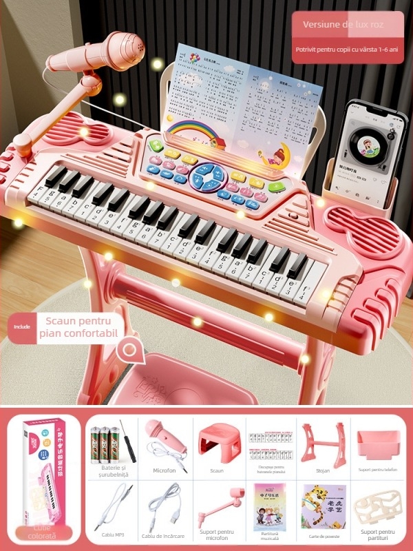 Jucărie electronic organ pentru copii, construcție din plastic, 7–14 ani, susține dezvoltarea vizuală și cognitivă, dezvoltare senzorială și auditivă, comunicare părinte-copil