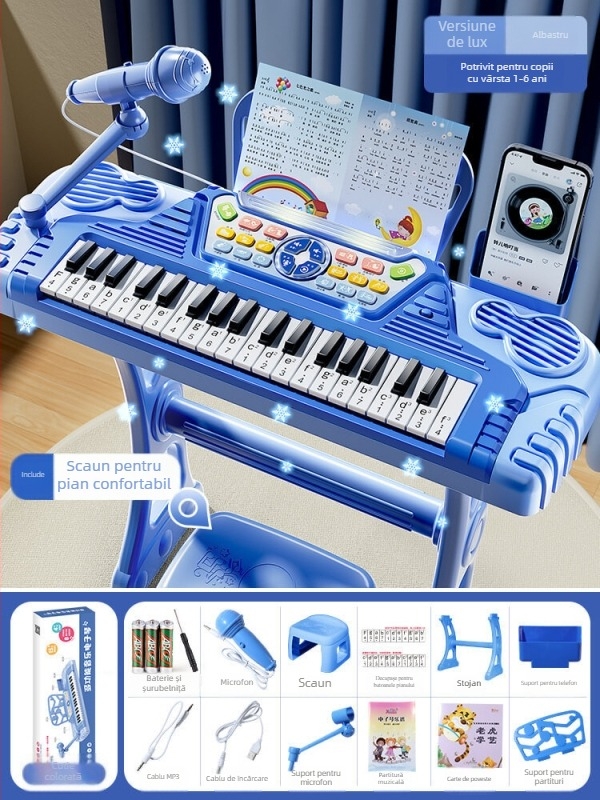 Jucărie electronic organ pentru copii, construcție din plastic, 7–14 ani, susține dezvoltarea vizuală și cognitivă, dezvoltare senzorială și auditivă, comunicare părinte-copil