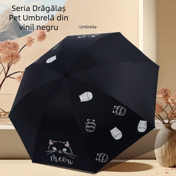 Umbrelă pliabilă cu design pisică desen animat, imprimare logo, UPF>40, 8 brațe din oțel, pânză 190T