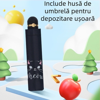 Umbrelă pliabilă cu design pisică desen animat, imprimare logo, UPF>40, 8 brațe din oțel, pânză 190T